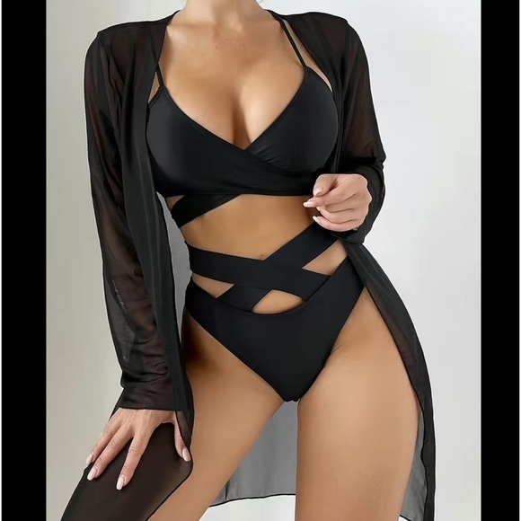 Black Criss-Cross Strap 3pc Bikini Cover-Up Set - Picture 1 of 5